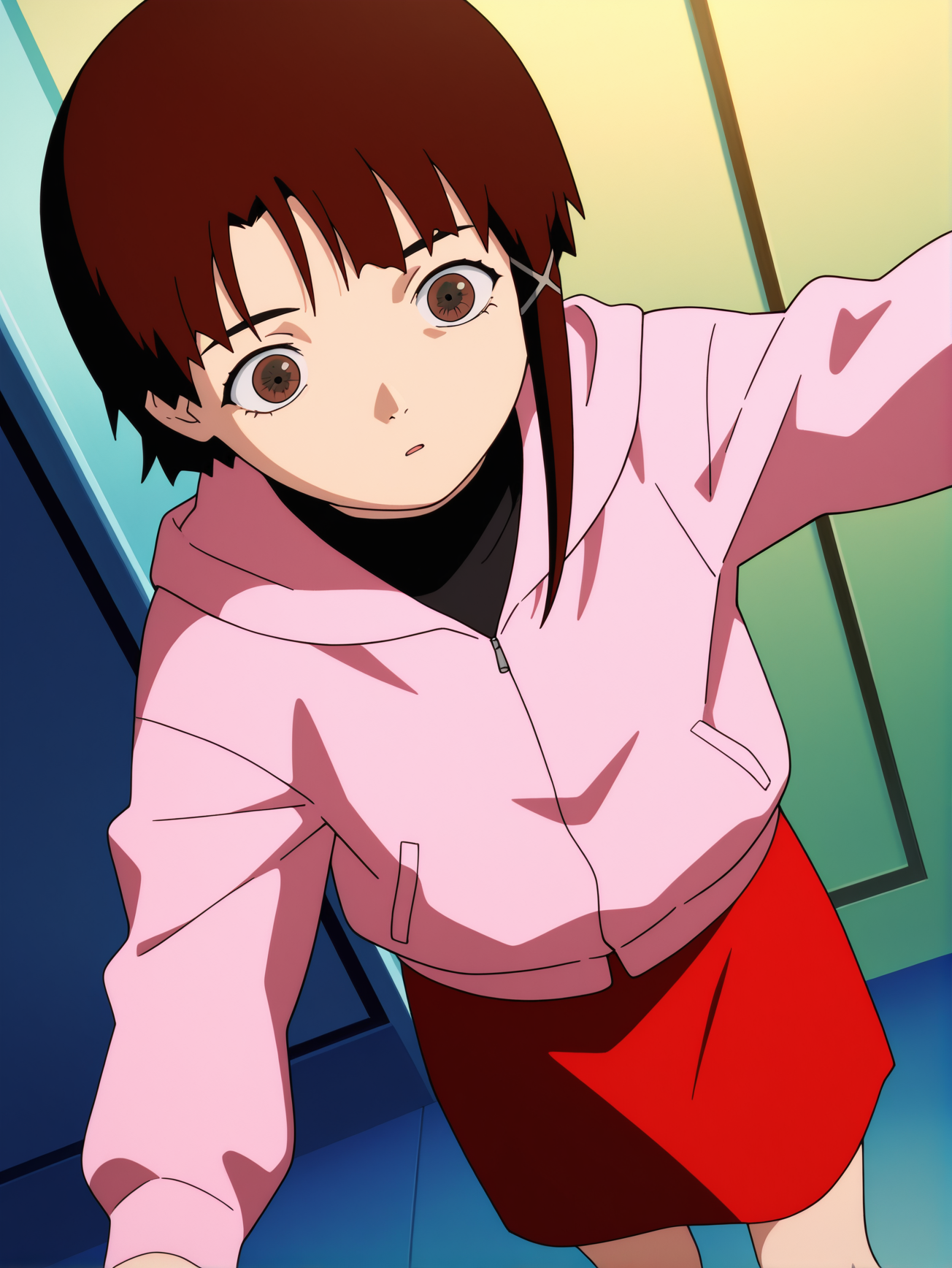 masterpiece, best quality, amazing quality, absurdres, newest, dynamic_angle, defined facial features, anime coloring, anime screencap,
<lora:Lain_IL1.1v0:1> iwakura lain \(sel\), pink jacket, red skirt