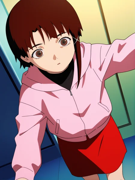 masterpiece, best quality, amazing quality, absurdres, newest, dynamic_angle, defined facial features, anime coloring, anime screencap,
<lora:Lain_IL1.1v0:1> iwakura lain \(sel\), pink jacket, red skirt