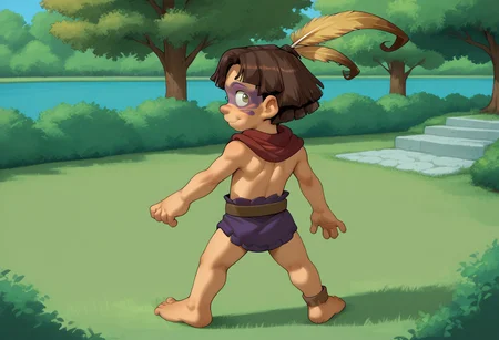 score_9, score_8_up, score_7_up, score_6_up, score_5_up, sorce_cartoon, source_hq,TakJuju, Male, Short stature, big green expressive eyes, medium brown hair in a short, somewhat messy style, pronounced nose, Minimalist outfit, purple loincloth, brown belt, bare chest, Large feather attached to hair, tribal-style face paint around the eyes,CuteCartoonStyle, full body, full body shot,red cape, park, sitted, open legs, from bellow, feet focus, from behind, back view