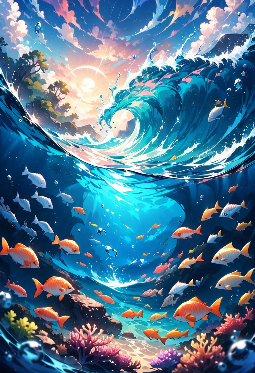 masterpiece, best quality, high quality, intricate, absurdres, very aesthetic,
no humans, landscape, outdoors,
zavy-ndrwtr, split frame, water edge, underwater, crashing wave,
ocean, intricate aquatic background, waves, raging ocean, storm, bubbles, water droplets, rain, rainbow, fish, water magic, sparking water,
ultra wide angle shot, cinematic style, highly detailed, extremely detailed, sharp detail, majestic, shallow depth of field, movie still, soft light, circular polarizer, colorful, wallpaper, professional illustration, anime