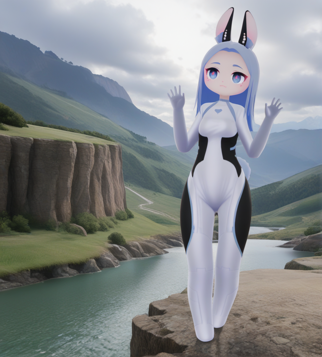 <lora:space_bun-000005:1>,1girl, space bun,blue hair,long hiar,rabbit tail, blue eyes,forehead,short bangs,rabbit ears,flat chest,chibi face,
bodysuit,two-tone bodysuit,white bodysuit, black bodysuit,
valley, river, cliff, clouds,
very awa, masterpiece, best quality, highres, absurdes,amazing quality,very aesthetic,intricate details,scenery,<lora:hand 5.5:1>