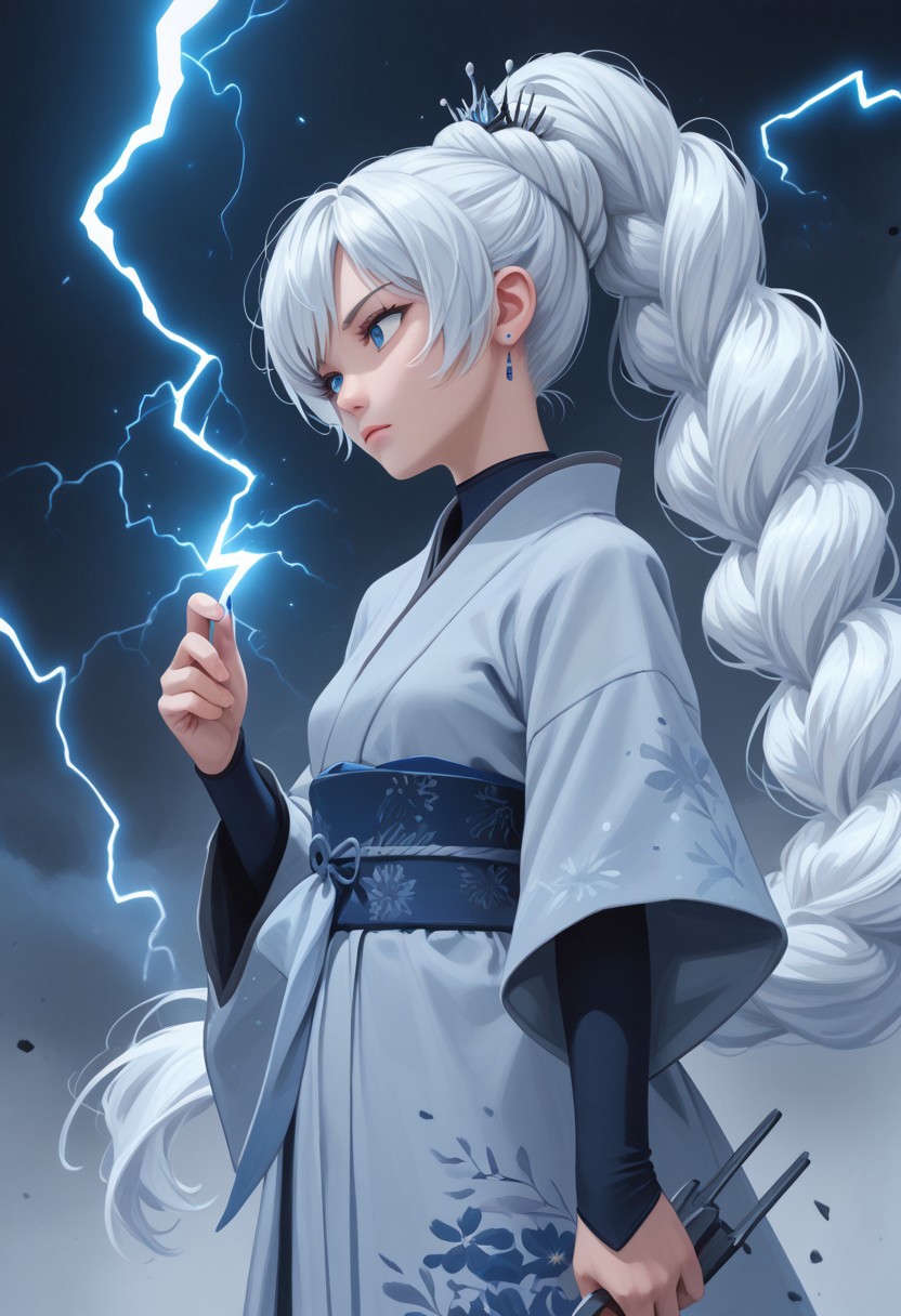 score_9, score_8_up, score_7_up,source_anime, high res image, masterpiece, best quality, Weiss Schnee, Weiss Schnee, long hair, ponytail, white hair, blue eyes, small breasts, mature body,  wearing a fancy Japanese kimono, holding a lightning, Jagged Mountains background, black and purple swirling colors in background, realistic lighting 3D, anime, art by michellekuku