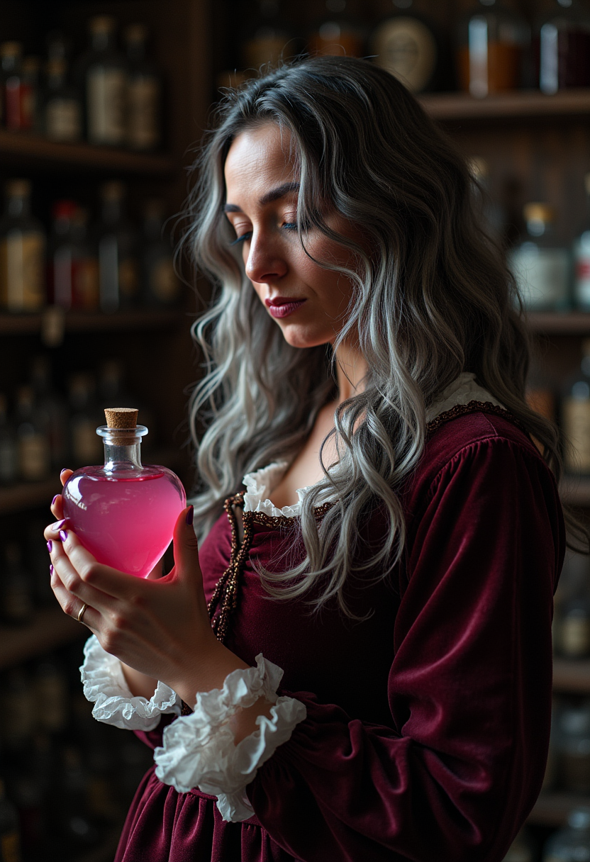 a woman in medieval clothes stands in a dusty apothecary, she holds a love potion in a pink heart shaped bottle, and is reading its label. she has long wavy grey hairs. Chiaroscuro Lighting Style, sony_a7III professional style photo, partially covered in shadows <lora:Sony_a7_III:1> <lora:Chiaroscuro_Lighting_Style_v1:1.14>