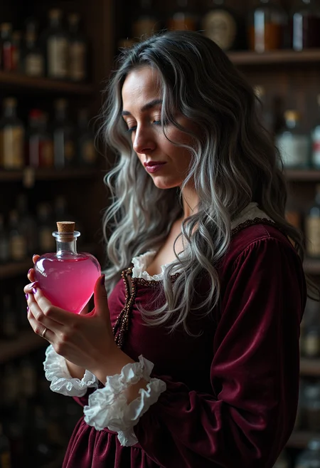 a woman in medieval clothes stands in a dusty apothecary, she holds a love potion in a pink heart shaped bottle, and is reading its label. she has long wavy grey hairs. Chiaroscuro Lighting Style, sony_a7III professional style photo, partially covered in shadows <lora:Sony_a7_III:1> <lora:Chiaroscuro_Lighting_Style_v1:1.14>