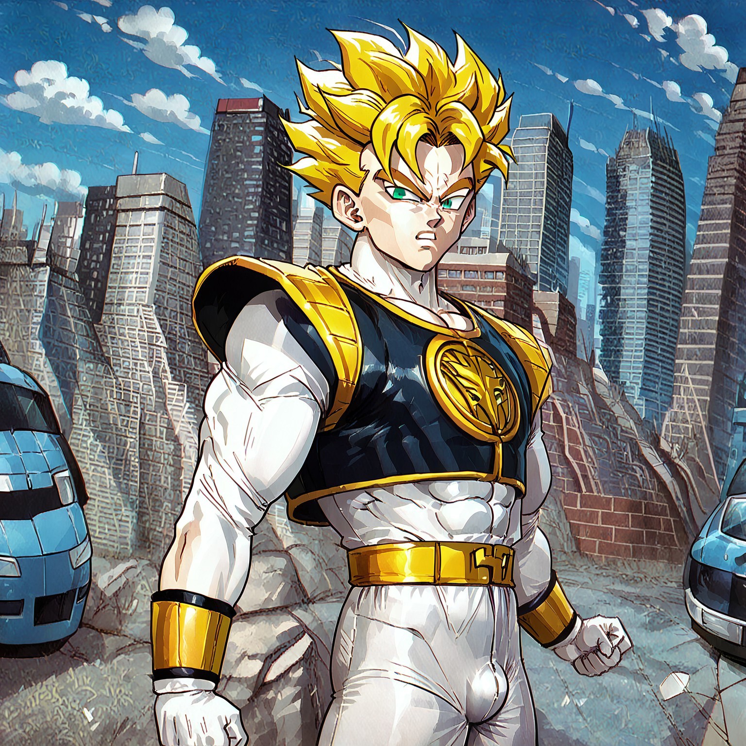 score_9, score_8 , anime retro art style
   , masterpiece, beautiful, screencap, v shaped eyes,

SSMGohan,spiked hair, muscular,spikey yellow hair, green eyes, super saiyan,

,1  male, muscle, standing, battle pose, TigermRanger, Tight suit, whie colored suit, white gloves,gold belt,black colored vest with shoulder-pads, golden vambraces,shiny gold elements,sheath, outdoors, city,