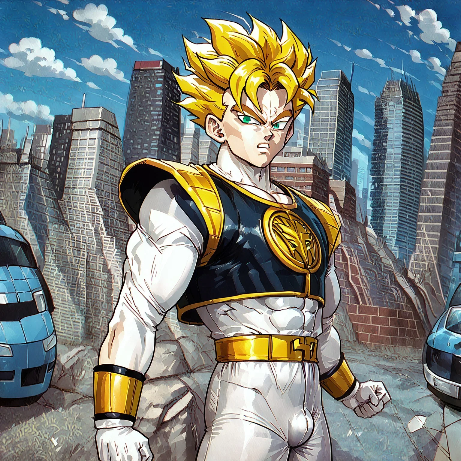 score_9, score_8 , anime retro art style
, masterpiece, beautiful, screencap, v shaped eyes,
SSMGohan,spiked hair, muscular,spikey yellow hair, green eyes, super saiyan,
,1 male, muscle, standing, battle pose, TigermRanger, Tight suit, whie colored suit, white gloves,gold belt,black colored vest with shoulder-pads, golden vambraces,shiny gold elements,sheath, outdoors, city,