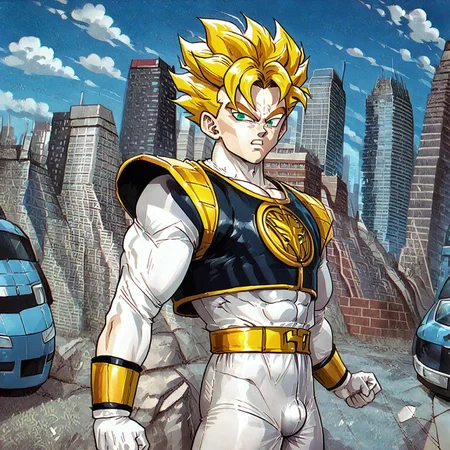 score_9, score_8 , anime retro art style
, masterpiece, beautiful, screencap, v shaped eyes,
SSMGohan,spiked hair, muscular,spikey yellow hair, green eyes, super saiyan,
,1 male, muscle, standing, battle pose, TigermRanger, Tight suit, whie colored suit, white gloves,gold belt,black colored vest with shoulder-pads, golden vambraces,shiny gold elements,sheath, outdoors, city,