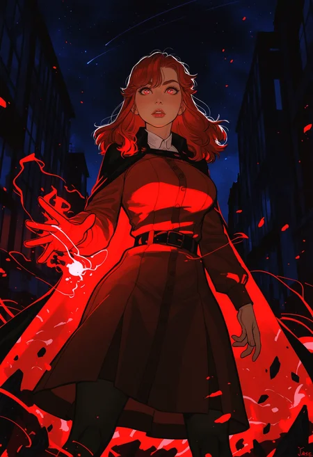 masterpiece, amazing quality, night, INCASE Style, semi-realistic, Enchanting Eyes, 1girl, Jesse Faden (Control), eerie office, floating debris, red glow from The Hiss, outstretched hand using telekinesis, intense stare, dramatic low-angle shot, lighting,