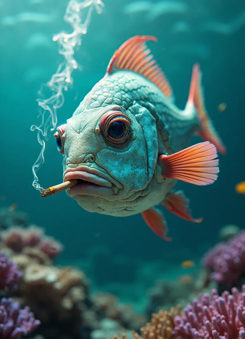 cinematic photo The scene unfolds within a submerged tableau of vibrant coral and cerulean water, suffused with the soft diffusion of light filtering through the oceanâs surface, creating a captivating interplay of highlights and shadows. Dominating the composition is a remarkably expressive, anthropomorphic fish, rendered with an astonishing level of hyperrealistic detail. Its scales shimmer with an iridescent quality, transitioning from deep teal along its flanks to a pale, almost pearlescent white on its ventral side. The scales themselves exhibit a complex texture, each one individually defined with subtle ridges and depressions that catch the light in a spectrum of blues and greens. The fish's face is the focal point, etched with the weary lines and creases of a seasoned, world-weary individual. Deep-set, bloodshot eyes glare directly forward, conveying a palpable sense of frustration and resignation. Furrows carve pathways across its forehead and around its downturned mouth, further emphasizing its melancholy expression. The gills, displayed prominently, are a delicate network of crimson and pink, subtly translucent against the backdrop of its flesh. A wisp of white smoke curls languidly from the corner of its mouth, clinging to the water in delicate tendrils, obscuring a half-smoked cigarette held delicately between its lips â the ember glowing faintly orange. Its dorsal fin, a flamboyant display of coral-red and orange, fans out dramatically, juxtaposing the fishâs dejected demeanor with a splash of rebellious color. The pectoral and pelvic fins, similarly rendered in painstaking detail, are edged with a subtle pink hue and show the intricate webbing between the fin rays. Surrounding the fish, the coral reef bursts with life, showcasing a riot of textures and colors. Bulbous, pink and lavender coral structures jut out from the seabed, their surfaces covered in tiny polyps, each illuminated by the diffused light. Small, iridescent bubbles, released from the reef, ascend lazily towards the surface, catching the light and creating a shimmering effect. The water itself is rendered with exceptional clarity, revealing the complex patterns of currents and the subtle particulate matter suspended within. The overall impression is one of a surreal and poignant portrait, blending the familiar world of underwater life with a distinctly human emotional landscape, all realized with an exquisite level of photographic realism and masterful artistic interpretation. . 35mm photograph, film, bokeh, professional, 4k, highly detailed