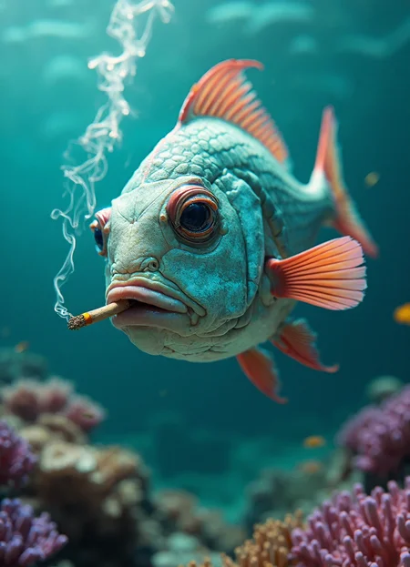 cinematic photo The scene unfolds within a submerged tableau of vibrant coral and cerulean water, suffused with the soft diffusion of light filtering through the oceanâs surface, creating a captivating interplay of highlights and shadows. Dominating the composition is a remarkably expressive, anthropomorphic fish, rendered with an astonishing level of hyperrealistic detail. Its scales shimmer with an iridescent quality, transitioning from deep teal along its flanks to a pale, almost pearlescent white on its ventral side. The scales themselves exhibit a complex texture, each one individually defined with subtle ridges and depressions that catch the light in a spectrum of blues and greens. The fish's face is the focal point, etched with the weary lines and creases of a seasoned, world-weary individual. Deep-set, bloodshot eyes glare directly forward, conveying a palpable sense of frustration and resignation. Furrows carve pathways across its forehead and around its downturned mouth, further emphasizing its melancholy expression. The gills, displayed prominently, are a delicate network of crimson and pink, subtly translucent against the backdrop of its flesh.  A wisp of white smoke curls languidly from the corner of its mouth, clinging to the water in delicate tendrils, obscuring a half-smoked cigarette held delicately between its lips â the ember glowing faintly orange. Its dorsal fin, a flamboyant display of coral-red and orange, fans out dramatically, juxtaposing the fishâs dejected demeanor with a splash of rebellious color. The pectoral and pelvic fins, similarly rendered in painstaking detail, are edged with a subtle pink hue and show the intricate webbing between the fin rays. Surrounding the fish, the coral reef bursts with life, showcasing a riot of textures and colors. Bulbous, pink and lavender coral structures jut out from the seabed, their surfaces covered in tiny polyps, each illuminated by the diffused light. Small, iridescent bubbles, released from the reef, ascend lazily towards the surface, catching the light and creating a shimmering effect. The water itself is rendered with exceptional clarity, revealing the complex patterns of currents and the subtle particulate matter suspended within. The overall impression is one of a surreal and poignant portrait, blending the familiar world of underwater life with a distinctly human emotional landscape, all realized with an exquisite level of photographic realism and masterful artistic interpretation. . 35mm photograph, film, bokeh, professional, 4k, highly detailed
