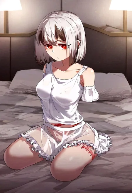 brunette girl amputee with white hair, red eyes in anime style, both arms amputated, amputed rigth and left hand, amputed left arm, amputed rigth arm,amputed left leg, armlees amputee, wearing white t-shirt,short see-through skirt, seated on a bed.