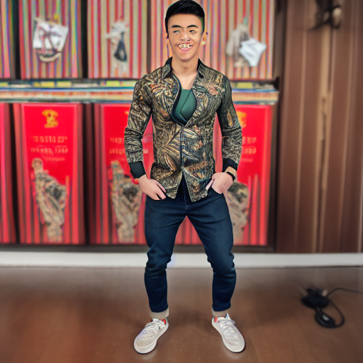 Ultra-high-resolution digital painting of a young mushim0to man with a well-groomed haircut, sharp jawline, and perfectly aligned teeth, smiling warmly while adjusting the collar of his floral-patterned shirt, standing in a cozy, warmly lit room with vintage decor, featuring a wooden bookshelf filled with various classic literature books and a comfortable leather armchair nearby, holding a sleek black smartphone, dominant colors are rich browns, muted greens, and soft yellows, detailed realism with a touch of nostalgic charm, comfortable and inviting atmosphere, soft warm lighting from an antique floor lamp, midshot capturing from waist up, smooth skin, fine fabric of the floral shirt, polished wood of the bookshelf, and soft leather of the armchair, present day with vintage influences, blend of modern and vintage aesthetics, expressing contentment and relaxation, floral-patterned shirt with intricate details, dark jeans.