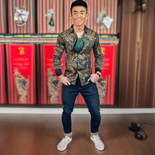 Ultra-high-resolution digital painting of a young mushim0to man with a well-groomed haircut, sharp jawline, and perfectly aligned teeth, smiling warmly while adjusting the collar of his floral-patterned shirt, standing in a cozy, warmly lit room with vintage decor, featuring a wooden bookshelf filled with various classic literature books and a comfortable leather armchair nearby, holding a sleek black smartphone, dominant colors are rich browns, muted greens, and soft yellows, detailed realism with a touch of nostalgic charm, comfortable and inviting atmosphere, soft warm lighting from an antique floor lamp, midshot capturing from waist up, smooth skin, fine fabric of the floral shirt, polished wood of the bookshelf, and soft leather of the armchair, present day with vintage influences, blend of modern and vintage aesthetics, expressing contentment and relaxation, floral-patterned shirt with intricate details, dark jeans.