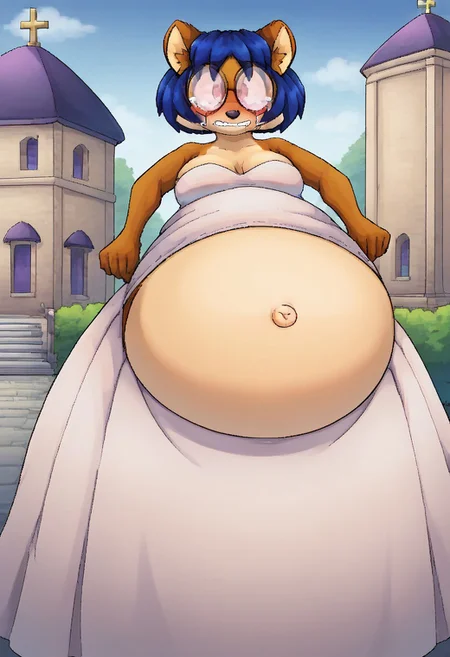 score_9, score_8_up, score_7_up, BREAK, 1girl, digital art, fbfng, anthro, fpx, blue hair, (belly:1.5), round glasses, wedding dress, huge beasts, looking at viewer, blush, seductive look, church, crying