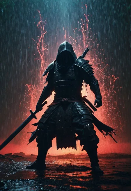 A dynamic Action Scene: a ghst Silhouette of a feudal armored shinobi in the Rain, Wielding sword, enormous Large berserk sword, Blood and water Fluids, standing proudly amidst a vibrant battlefield. Surround her with dynamic particles of Blood and gore, infront of the chaotic energy of a historical war scene.
very detailed, atmospheric haze, Film grain, cinematic film still, shallow depth of field, highly detailed, high budget, cinemascope, moody, epic, OverallDetail, gorgeous, 2000s vintage RAW photo, photorealistic, candid camera, color graded cinematic, eye catchlights, atmospheric lighting, skin pores, imperfections, natural, shallow dofintricate, elegant, fantasy art, portrait, dark, retro, ecstatic, plain, powerful, realistic, navy blue, dark color