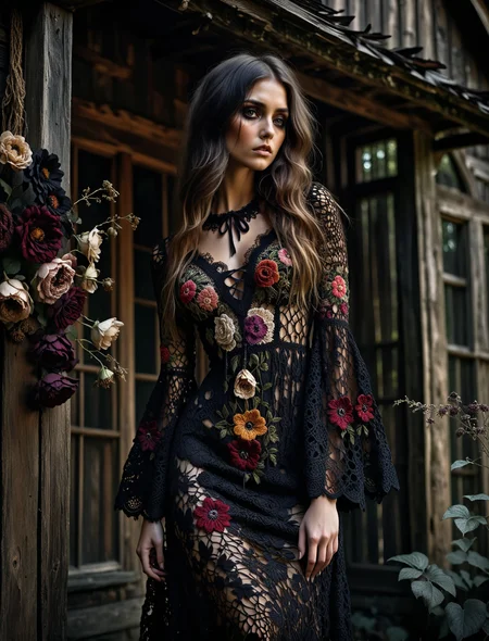 Gothic art, dark tones, intricate details, dramatic lighting, high contrast, mysterious, atmospheric, moody, haunting beauty, sharp shadows, textured, young woman in a bohemian-style crochet dress, colorful floral embroidery, voluminous bell sleeves, detailed lace bodice, flattering neckline, rustic wooden house, black flowers, wilted flower, darker atmosphere