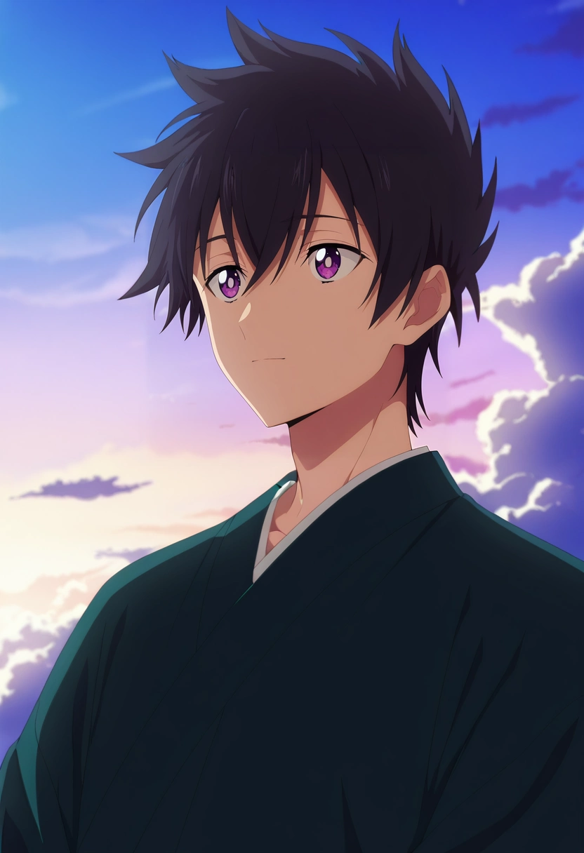 masterpiece, best quality, , anime screencap, anime coloring, official style,, 1boy, solo, male focus, <lora:ryuunosuke_minakata_ilxl:0.98>, ryuunosuke_minakata, black hair, purple eyes, short hair, bangs, hair between eyes, sky sanctuary, floating altars, cloud shrines, serene vistas, meditating pose, tranquil expression, dawn mist,
