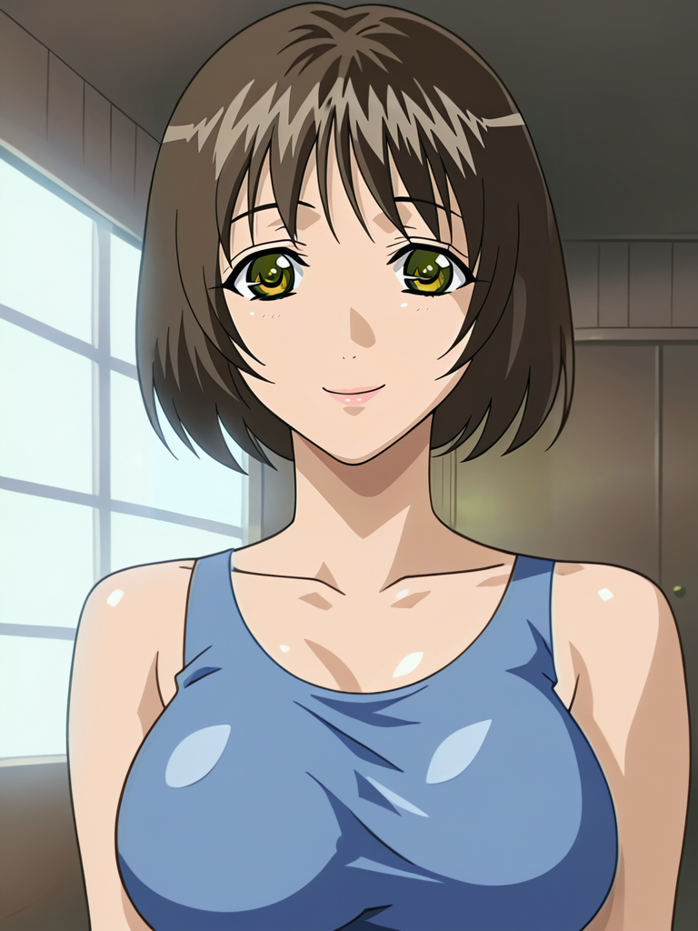 <lora:Sanae_Yuuki-Hitozuma_Ryoujoku_Sankanbi:1>,Sanae,1girl,solo,brown hair,short hair,yellow eyes,large breasts,tank top,upper body,looking at viewer,indoors,smile