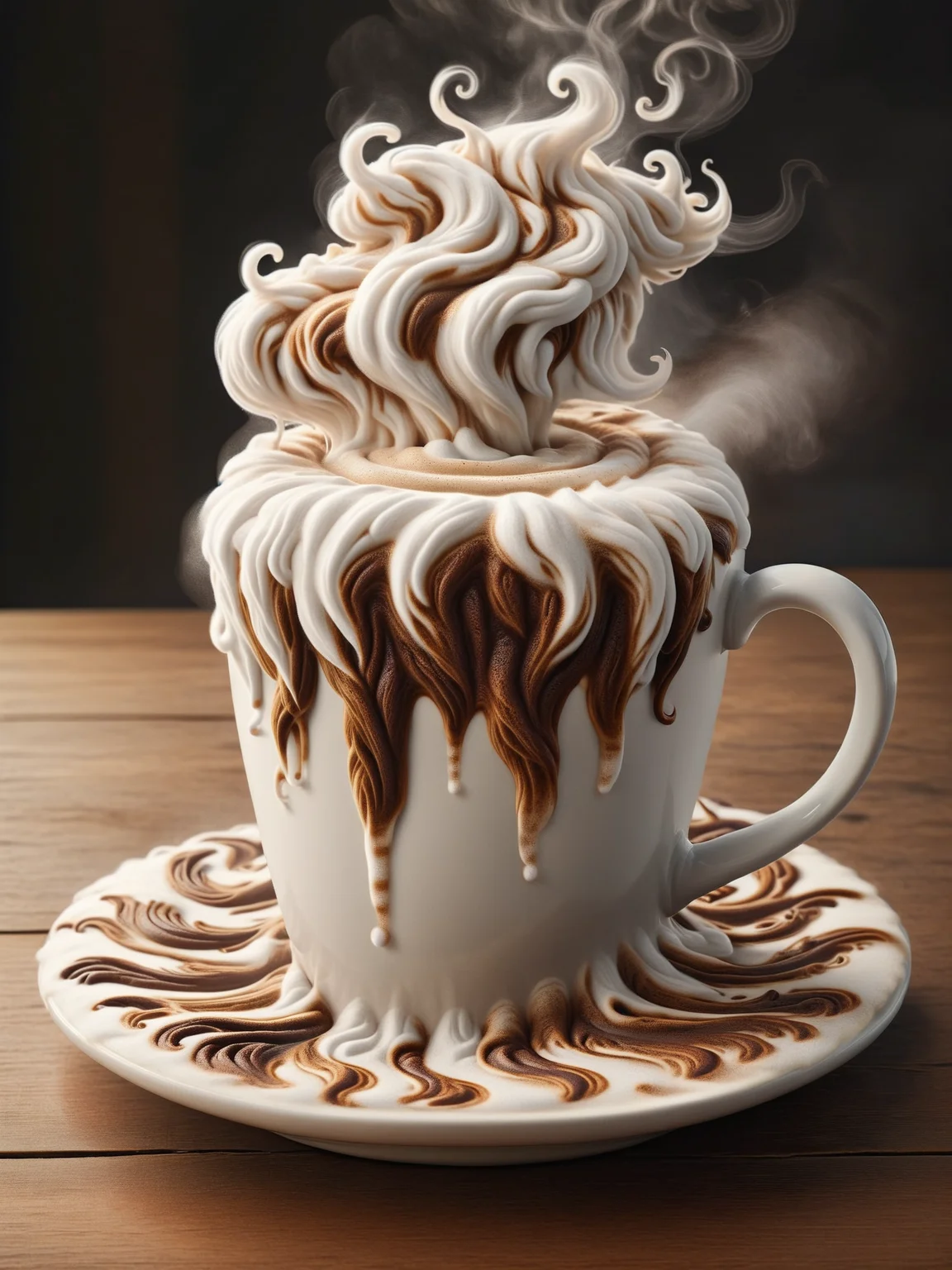 A steaming cup of coffee topped with soft, white ais-hairz foam art, ready to warm your hands and soul <lora:Hairy_Style_SDXL:1>