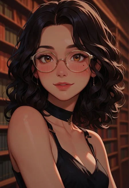 score_9_up, score_8_up, score_7_up, score_6_up, 1girl, 25 years old, perfect face, cute, petite, 
(three quarter view), detailed face, portrait, face focus, depth of field, looking at viewer, blush, shy smile, close up, 
brown eyes,
black hair, medium hair, curly hair, wavy hair,  sidelocks, 
glasses, 
black dress, sleeveless dress, cocktail dress, 
library,