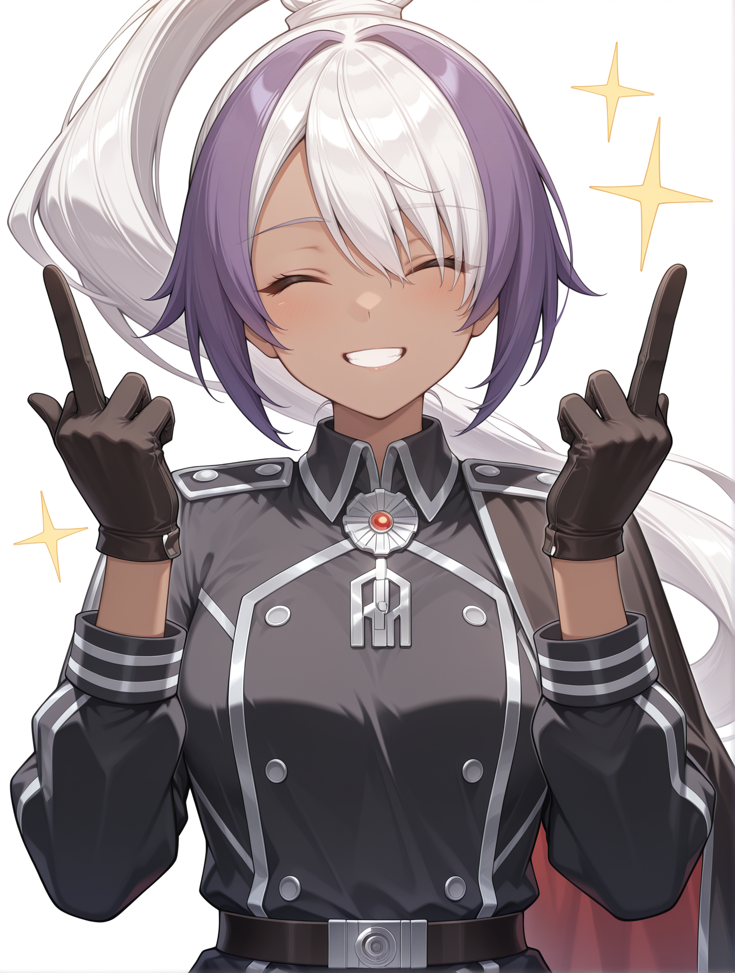 1girl,solo,smile,closed eyes,,white background,grin,silver medal,facing viewer,upper body,high ponytail,hands up,simple background,parody,sky striker ace - azalea,black gloves,left side cape,black military uniform,two-tone hair,white hair,purple hair,dark-skinned female,hands_up,double middle finger,
masterpiece,best quality,amazing quality,very aesthetic,absurdres,newest,<lora:sky striker ace - camellia and azalea illusXL v2:0.75>,