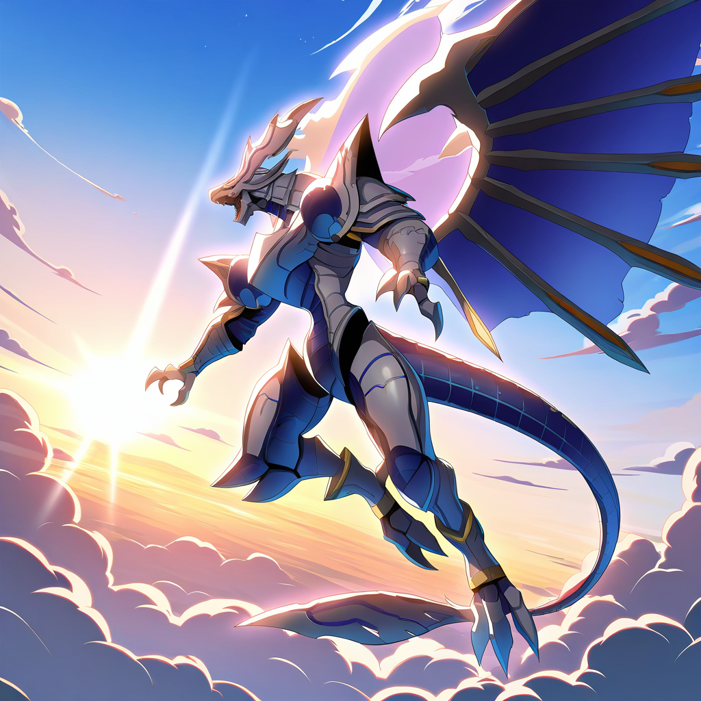 highres, best quality, masterpiece, very aesthetic, newest, year_2024, year_2023, year_2022,<lora:DorugoramonIllustrious:1>, dorugoramon,solo, full body,flying,sky,clouds,sun