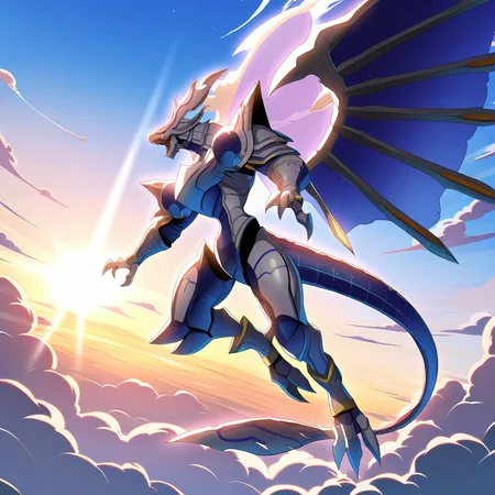 highres, best quality, masterpiece, very aesthetic, newest, year_2024, year_2023, year_2022,<lora:DorugoramonIllustrious:1>, dorugoramon,solo, full body,flying,sky,clouds,sun