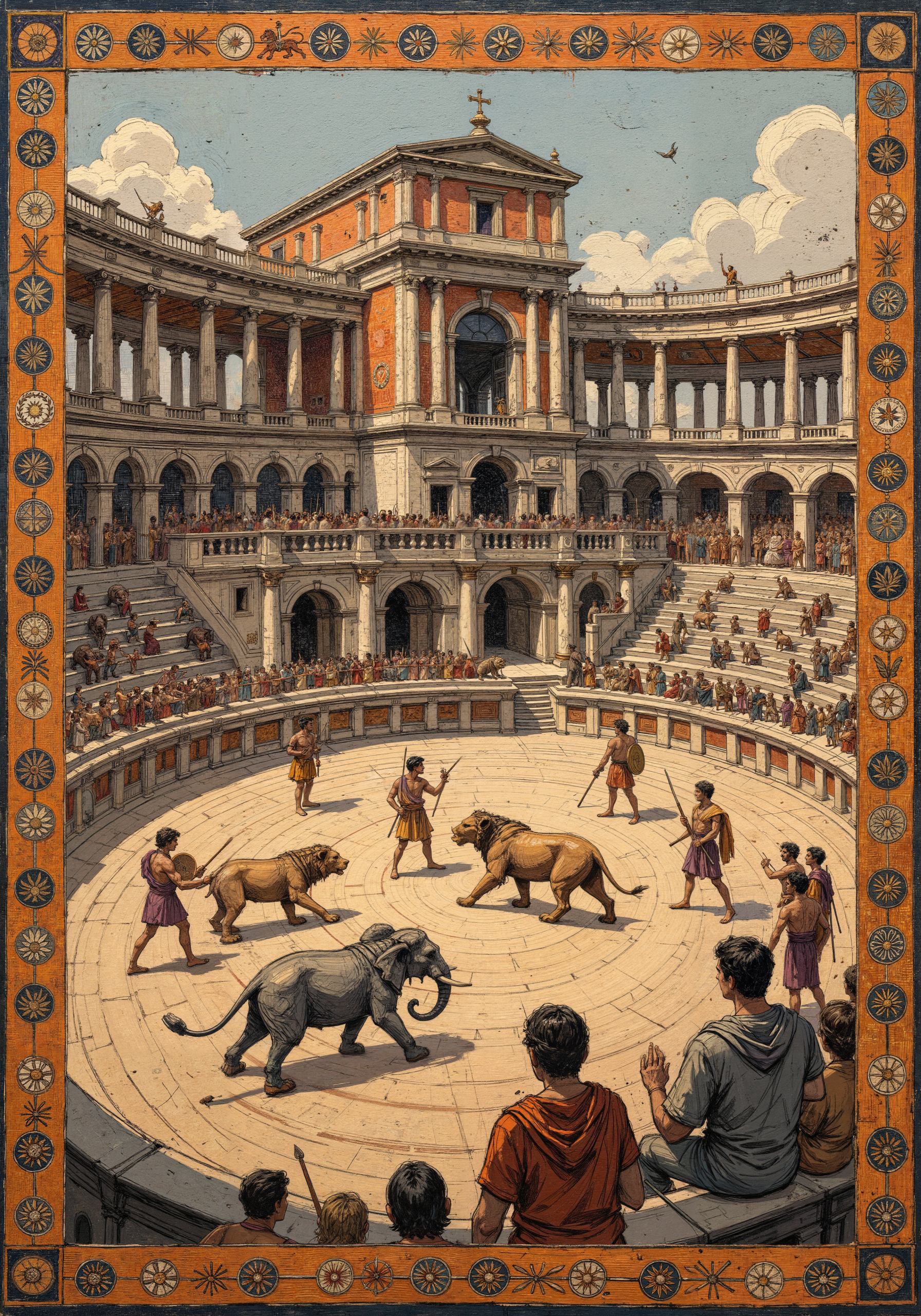 A detailed Roman mosaic depicting an emperor's venatio scene in the amphitheater, showcasing expert tessellation technique with vibrant natural stone tesserae in traditional ochre, azure, terra cotta, and ivory. The imperial box is adorned with Corinthian columns and purple velvet drapery. Below, exotic beastsâNumidian lions and Syrian elephantsâare confronted by venatores wielding spears and shields. Surrounding spectators display Roman social hierarchy through distinctive toga styles and jewelry. The composition follows classical Roman perspective with geometric border patterns of laurel wreaths and meander designs. Background architecture reveals arched entrances (vomitoria) and seating tiers (cavea). The mosaic captures the dramatic moment with imperial symbolism, detailed anatomical rendering, and authentic period lighting effects, creating a masterful historical record of elite Roman entertainment with perfect balance between naturalistic representation and artistic convention. <lora:Ganin_II:0.5> <lora:Bonafida.Studio:0.5> <lora:Organic Sauce - FLUX:0.3> <lora:ck-charcoal-drawing-000014:0.7> <lora:flux_dev:1>