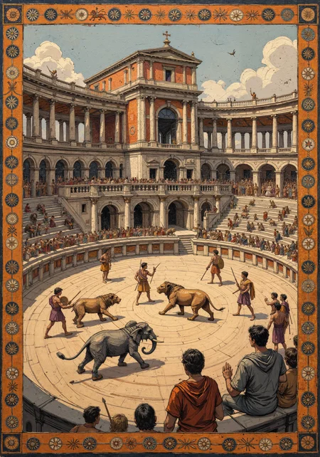 A detailed Roman mosaic depicting an emperor's venatio scene in the amphitheater, showcasing expert tessellation technique with vibrant natural stone tesserae in traditional ochre, azure, terra cotta, and ivory. The imperial box is adorned with Corinthian columns and purple velvet drapery. Below, exotic beastsâNumidian lions and Syrian elephantsâare confronted by venatores wielding spears and shields. Surrounding spectators display Roman social hierarchy through distinctive toga styles and jewelry. The composition follows classical Roman perspective with geometric border patterns of laurel wreaths and meander designs. Background architecture reveals arched entrances (vomitoria) and seating tiers (cavea). The mosaic captures the dramatic moment with imperial symbolism, detailed anatomical rendering, and authentic period lighting effects, creating a masterful historical record of elite Roman entertainment with perfect balance between naturalistic representation and artistic convention. <lora:Ganin_II:0.5> <lora:Bonafida.Studio:0.5> <lora:Organic Sauce - FLUX:0.3> <lora:ck-charcoal-drawing-000014:0.7> <lora:flux_dev:1>