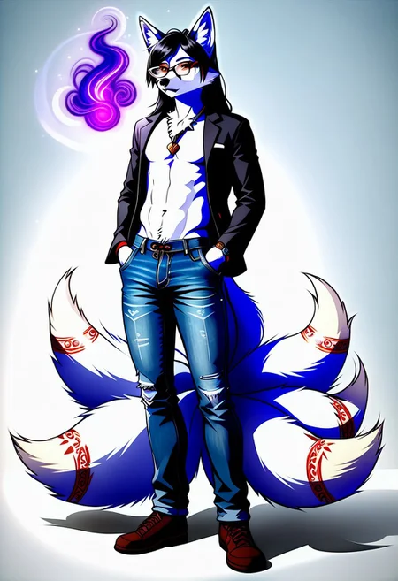 {((1male:2.0)), furry, fox, ((kitsune:2.0)), white fur, long hair, dark hair, blue highlight in hair, fox ears, glasses, nerdy, fox tails, denim jeans, shirtless, thin build, androgynous, hypnotist, holding pocket watch, corruption magic, dark magic, student, on college campus, full body render, }
FurryDalle, cartoon, high quality,