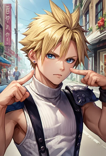 score_9, score_8_up, score_7_up, source_anime, 1boy, duofinger, pointing at self, upper body, <lora:DuoIndexFingerPointingAtSelf_XLPD:1.15>, outdoors, street, <lora:cloudstrife-pdxl-nvwls-v1:0.8> defCloud, blonde hair, single earring, suspenders, shoulder armor, sleeveless turtleneck, looking at viewer,