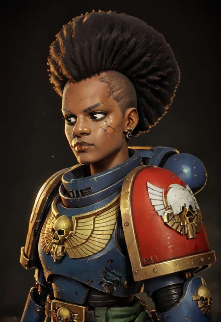 score_9,score_8_up,score_7_up, 1 woman, black woman, afro mohawk, 40 year old, facial scarring, warhammer 40000, knva, halftone effect, retro artstyle, full battle armor, SpaceMarine1024