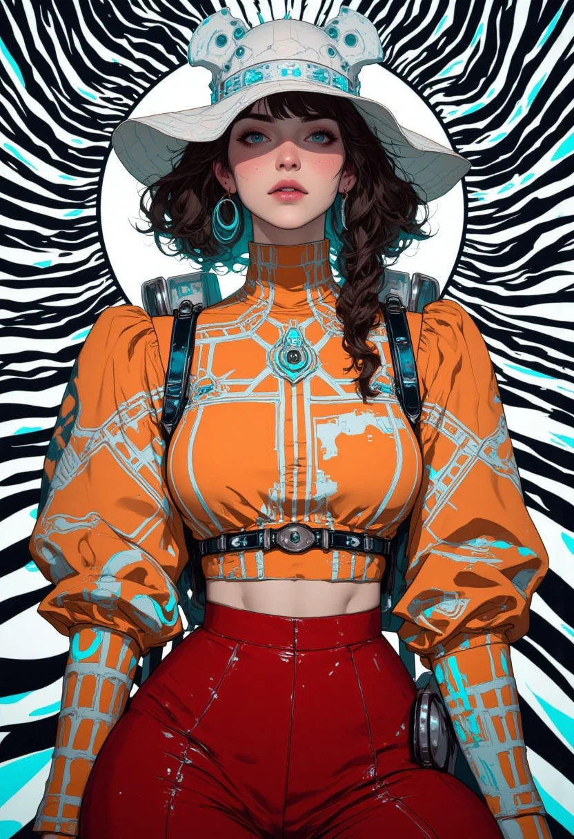 A portrait-size hyper realistic illustration, upper body focus, featuring a fierce cyberpunk woman against a mesmerizing optical illusion background crafted entirely with black and white lines, juxtaposing vibrant orange tones. The optical illusion consists of parallel black and white horizontal lines subtly diverging and converging at alternating intervals, creating a rippling wave effect. These lines vary in thickness, producing an undulating rhythm that appears to recede and advance, giving an illusion of depth and movement. The background’s intricate linear flow contrasts with the subject, a striking figure wearing a high-necked turtleneck with long sleeves, adorned with bold white and electric blue geometric patterns arranged in a grid-like design. The voluminous sleeves extend past the wrists, adding dynamism to the silhouette. The lower half features a high-waisted, deep crimson skirt or pants, cinched with a thin silver belt that mirrors the large silver hoop earrings framing the partially obscured face beneath a wide-brimmed white hat. The composition blends modern aesthetics with hypnotic visual interplay, achieving a sophisticated and compelling balance. **8K, HD, HIGH RESOLUTION, MASTERPIECE, AWARD WINNING.** (anime, cyberpunk, BaroCybPnk, baroque, cyberpunk, futuristic, Anime art)