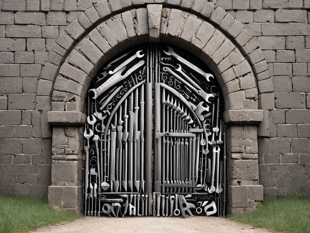 a castle gate made of tools <lora:tools-world-morph-000009:1>