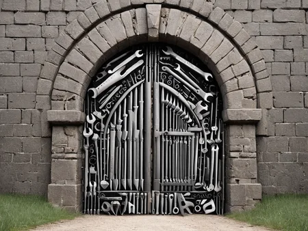 a castle gate made of tools <lora:tools-world-morph-000009:1>