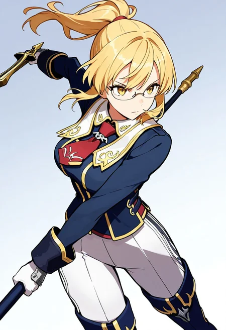 (score_9, score_8, score_7),masterwork, masterpiece, best quality, blonde hair, ponytail, glasses, sharp eyes, serious expression, navy blue military uniform, gold trim, white high-waisted pants, red ribbon necktie, silver brooch, armored gloves, long-sleeved jacket, high boots, vertical stripe pattern pants, dark blue boots with gold edges, white gloves, staff weapon,dynamic pose,dynamic angle