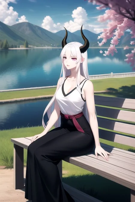 (masterpiece, intricate:1.3), (best quality, hires textures, high detail:1.2), (4k) skinny, fit, fit female, photographic, fine texture, medium breasts, good hands, best hands, detailed eyes, 4k eyes, pink eyes, long hair, white hair, black dragon horns, white dragon tail, long skirt, vneck top, sitting on a bench in a park near a lake
