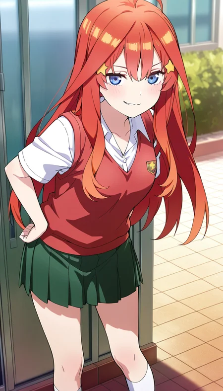 masterpiece, best quality, very aesthetic, absurdres,
solo, 1girl,
itsuki, blue eyes, hair between eyes, red hair, long hair, star hair ornament,
smirk,
skirt, shirt, school uniform, collarbone, white shirt, short sleeves, pleated skirt, socks, collared shirt, miniskirt, kneehighs, white socks, green skirt, sweater vest, red sweater vest,
outside,