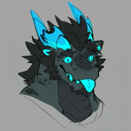zPDXL3,rating_explicit, source_furry, digital media \(artwork\), masterpiece, high quality, best quality,BREAK, solo, headshot photo, furry male, (dragon), eyes, dragon horns, sketch, black body, blue eyes, dragon boy, blue tongue, facial hair, glowing, blue horns,