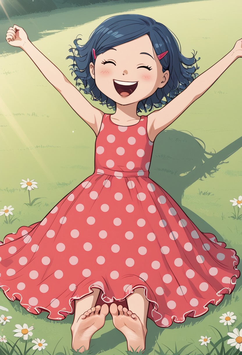 score_9, score_8, score_9, 1girl, dotcomet, blue hair, hairclip, polka dot dress, laughing, looking at viewer, grass, outdoors, sunlight, shadow, barefoot, barefeet, tickling feet,