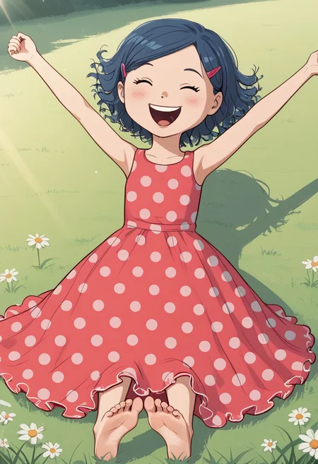 score_9, score_8, score_9, 1girl, dotcomet, blue hair, hairclip, polka dot dress, laughing, looking at viewer, grass, outdoors, sunlight, shadow, barefoot, barefeet, tickling feet,