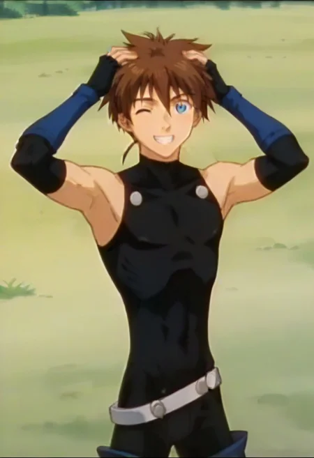 ((masterpiece)), ((best quality)), ((ultra-detailed)), ((absurdres)), score_9_up, score_8_up, score_7_up,
HD, top quality, best quality, amazing quality, High-quality illustrations, anime screencap, source_anime, best aesthetic, perfect proportions, perfect eyes, 1boy, 1male, male anime character, anime boy, solo male, male focus, handsome, attractive, cute, sexy, ((slim body, lean body, slender body)), ((tall, tall body, tall height)), looking at viewer, looking at front, front shot, front view, Gau Ban, brown hair, blue eyes, black body suit, sleeveless, blue fingerless arm warmers, silver belt, above waist shot, ((hands on head pose, armpits)), cute wink, smiling, charming smile