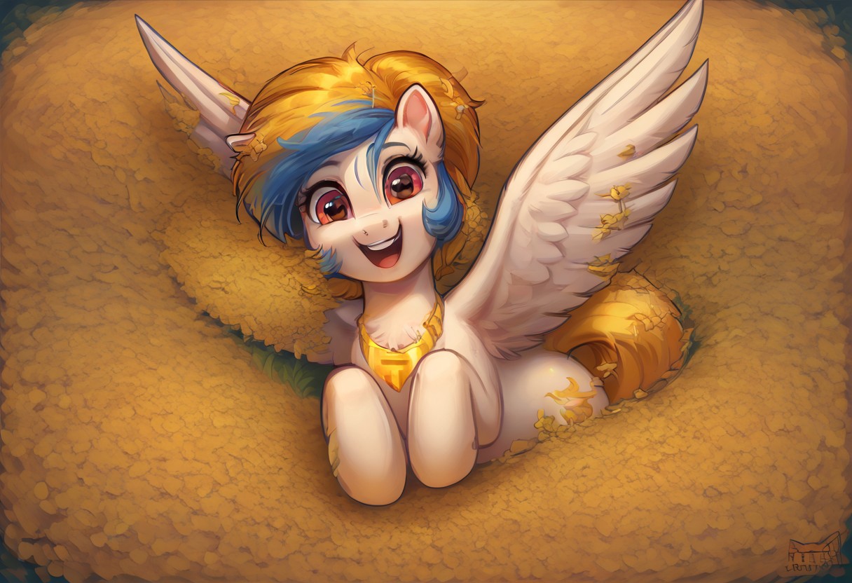 score_9, score_8_up, 4RCH0N,1girl, girl_focus, solo,golden feather, Blue streak hair, . Papaya Whip body, pegasus, pony, mlp, flowers. golden feather_among_the_flowers, smile, laugh, view_from_above, hand_on_hand, outdoors, furry, furry_female, tail, cute, face_focus, animal_ears, short_hair,Brilliant gamboge eyes, lying down