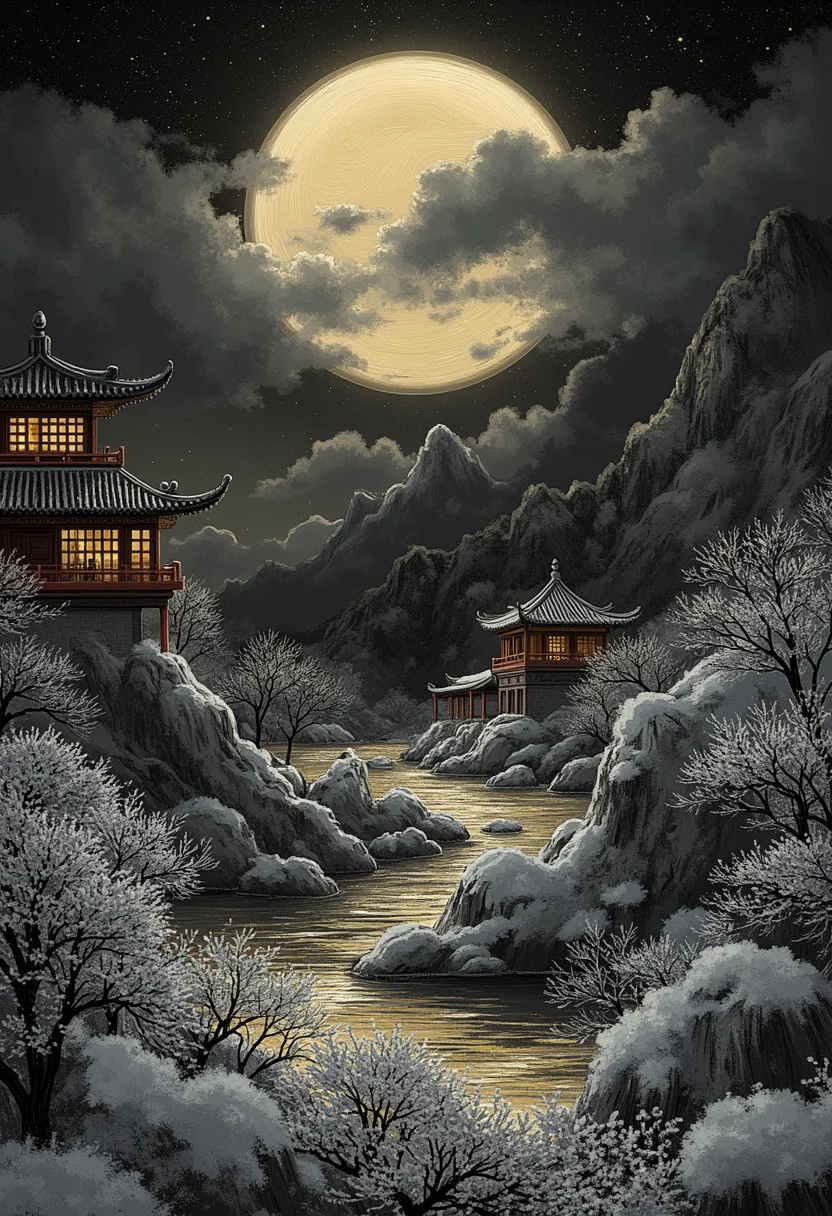 Embark on a minimalistic journey to an ethereal world, where stark contrasts of light and shadow elegantly merge with Chinese architectures intricate lines. A serene atmosphere permeates this black-and-gold landscape, shaped by delicate frostbite yet hinting at hidden warmth beneath layers of icy mist. Intricate forms of ancient architecture emerge like silhouettes in the moonlit fog, refined through simplicity and balance—symbolizing timeless elegance intertwined with the unyielding forces of nature. Gold tones gracefully highlight architectural details, inviting contemplation on harmony within contrasts. Each line is drawn with precision to express beauty through minimal elements, delicate strokes hint at complexity beneath their apparent simplicity. Negative spaces surrounding these forms serve as quiet whispers inviting the viewer into this enigmatic wintry paradox, where balance teeters between lifes extremities. Let create this sparse yet evocative tableau—a minimalistic ode to the subtle beauty found in the cold embrace of a winter night, illuminated by moonlights ephemeral glow. Here, simplicity meets sophistication in an enchanting dance of light and shadow—a monochromatic masterpiece capturing the essence of harmonious coexistence between Chinese tradition and the frozen wilderness. In this world of minimalist abstraction, darkness serves as both muse and constraint—shaping forms with its mysterious presence while leaving space for imagination to flourish amidst its vastness. Amidst its cold vastness, ancient treasures stand resilient—a testament to enduring beauty found in unexpected places. Allow yourself to be drawn into this enigmatic world of shadows and light, guided by masterful brushwork. Discover the haunting beauty hidden within minimalistic lines as they create intricate stories on the blank canvas of winter—an entrancing dance between darkness and gold, between tradition and wilderness, captivating all who dare venture into its surreal embrace. ,<lora:flux/fav/Dark_whimsical_art.safetensors:1.0:1.0>