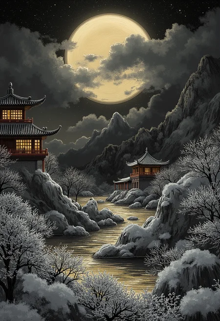 Embark on a minimalistic journey to an ethereal world, where stark contrasts of light and shadow elegantly merge with Chinese architectures intricate lines. A serene atmosphere permeates this black-and-gold landscape, shaped by delicate frostbite yet hinting at hidden warmth beneath layers of icy mist. Intricate forms of ancient architecture emerge like silhouettes in the moonlit fog, refined through simplicity and balanceâsymbolizing timeless elegance intertwined with the unyielding forces of nature. Gold tones gracefully highlight architectural details, inviting contemplation on harmony within contrasts. Each line is drawn with precision to express beauty through minimal elements, delicate strokes hint at complexity beneath their apparent simplicity. Negative spaces surrounding these forms serve as quiet whispers inviting the viewer into this enigmatic wintry paradox, where balance teeters between lifes extremities. Let create this sparse yet evocative tableauâa minimalistic ode to the subtle beauty found in the cold embrace of a winter night, illuminated by moonlights ephemeral glow. Here, simplicity meets sophistication in an enchanting dance of light and shadowâa monochromatic masterpiece capturing the essence of harmonious coexistence between Chinese tradition and the frozen wilderness. In this world of minimalist abstraction, darkness serves as both muse and constraintâshaping forms with its mysterious presence while leaving space for imagination to flourish amidst its vastness. Amidst its cold vastness, ancient treasures stand resilientâa testament to enduring beauty found in unexpected places. Allow yourself to be drawn into this enigmatic world of shadows and light, guided by masterful brushwork. Discover the haunting beauty hidden within minimalistic lines as they create intricate stories on the blank canvas of winterâan entrancing dance between darkness and gold, between tradition and wilderness, captivating all who dare venture into its surreal embrace. ,<lora:flux/fav/Dark_whimsical_art.safetensors:1.0:1.0>