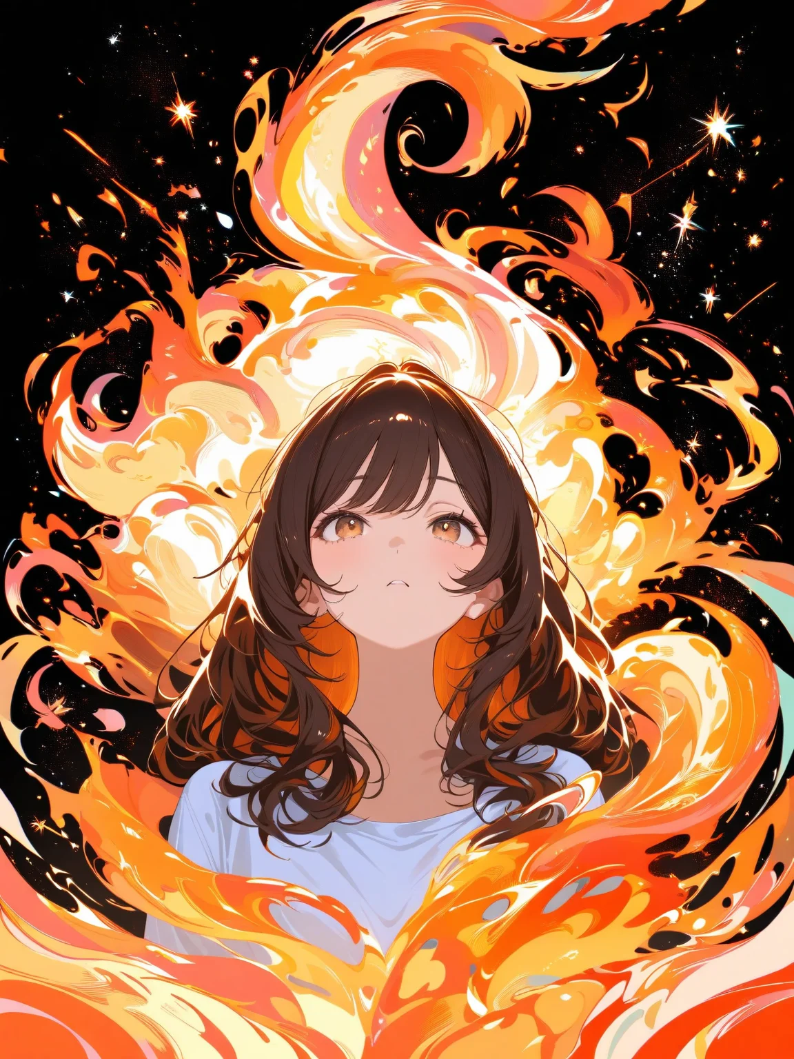 masterpiece,high score,great score,absurdres, ., (Height, Average height for her age, likely around 5 feet 6 inches (167 cm) as an adult:1), (Build, Slim but not overly athletic, with a natural, slightly willowy frame that matches her bookish lifestyle:1), (Hair, Thick, bushy brown hair, often untamed and wild in her younger years. By the time sheâs older, she tames it somewhat, but it still retains a voluminous and wavy quality:1), (Eyes, Warm brown eyes, described as bright and intelligent, reflecting her curiosity, quick thinking, and inner passion for knowledge:1), (Skin, Fair complexion with a natural, slightly rosy undertone, giving her a healthy and youthful appearance:1),, <lora:R0k00bstr0ctHD:1>,R0k00bstr0ctHD,Art & Language, generative art, vibrant colors, close-up, swirly vibrant color lines, an abstract painting, fire, glowing, black background,