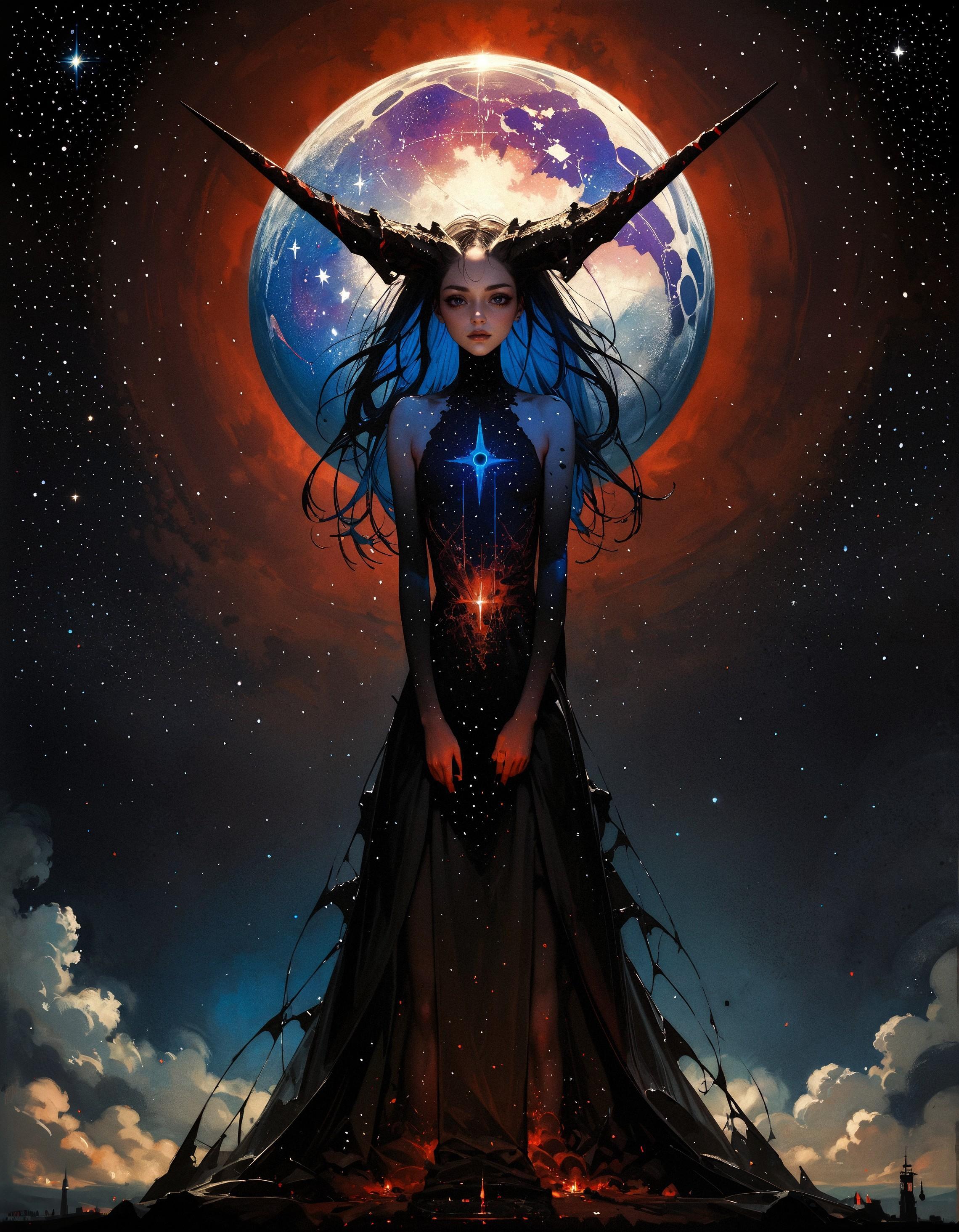 score_9, score_8_up, score_7_up, score_6_up, score_5_up, score_4_up,   otherworldly goddess, pure porcelain skin, deep abyssal black eyes, black horns, long dress made of the stars, astral plane, dark, epic, ethereal, mystical, stars, atmospheric, beautiful, skin patterns, (flat chest:0.5)