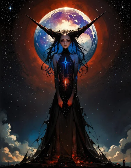 score_9, score_8_up, score_7_up, score_6_up, score_5_up, score_4_up,   otherworldly goddess, pure porcelain skin, deep abyssal black eyes, black horns, long dress made of the stars, astral plane, dark, epic, ethereal, mystical, stars, atmospheric, beautiful, skin patterns, (flat chest:0.5)