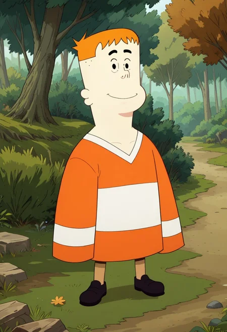 ((forest background)),score_9, score_8_up, score_7_up,score_6_up, 
1boy, solo, JP_Cotc, light skin, black eyes, small eyes, black eyebrows, orange hair, short hair, long-sleeve orange-white striped hockey jersey, V-neck, tan pants, black shoes, medium stature, big eyes, looking at viewer, cowboyshot, smile, full body