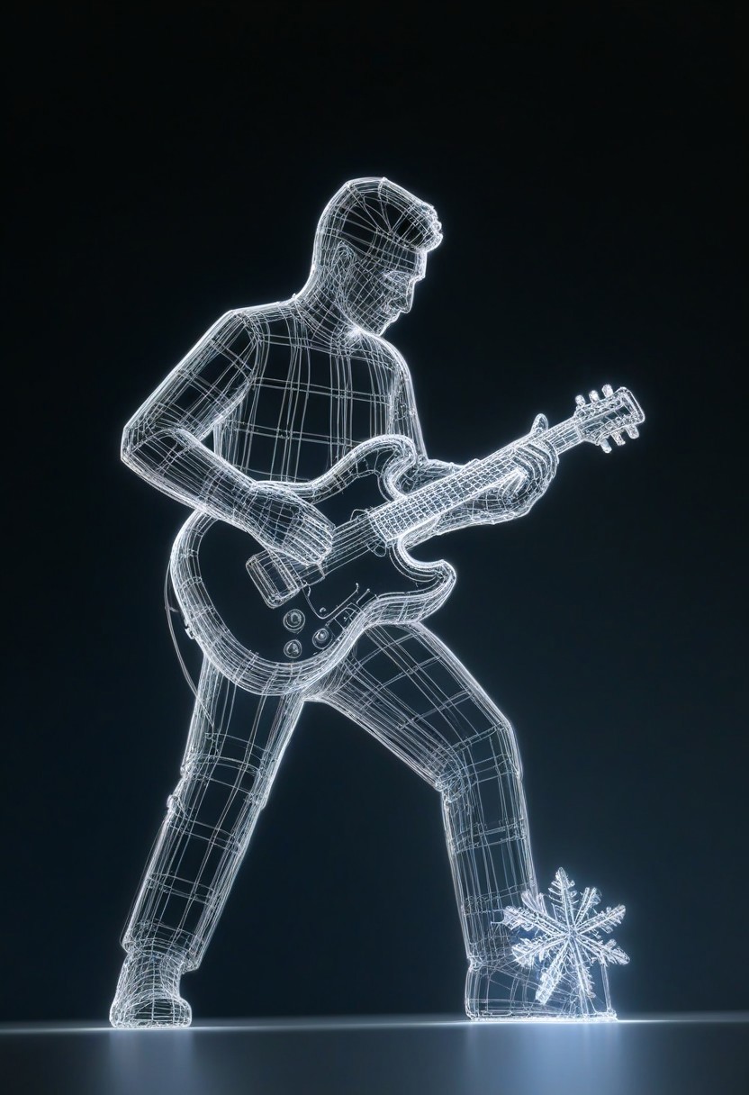 civitametapunkSDXL, Wireframe model of a musician playing a guitar on a stage with concert lights, snowflake